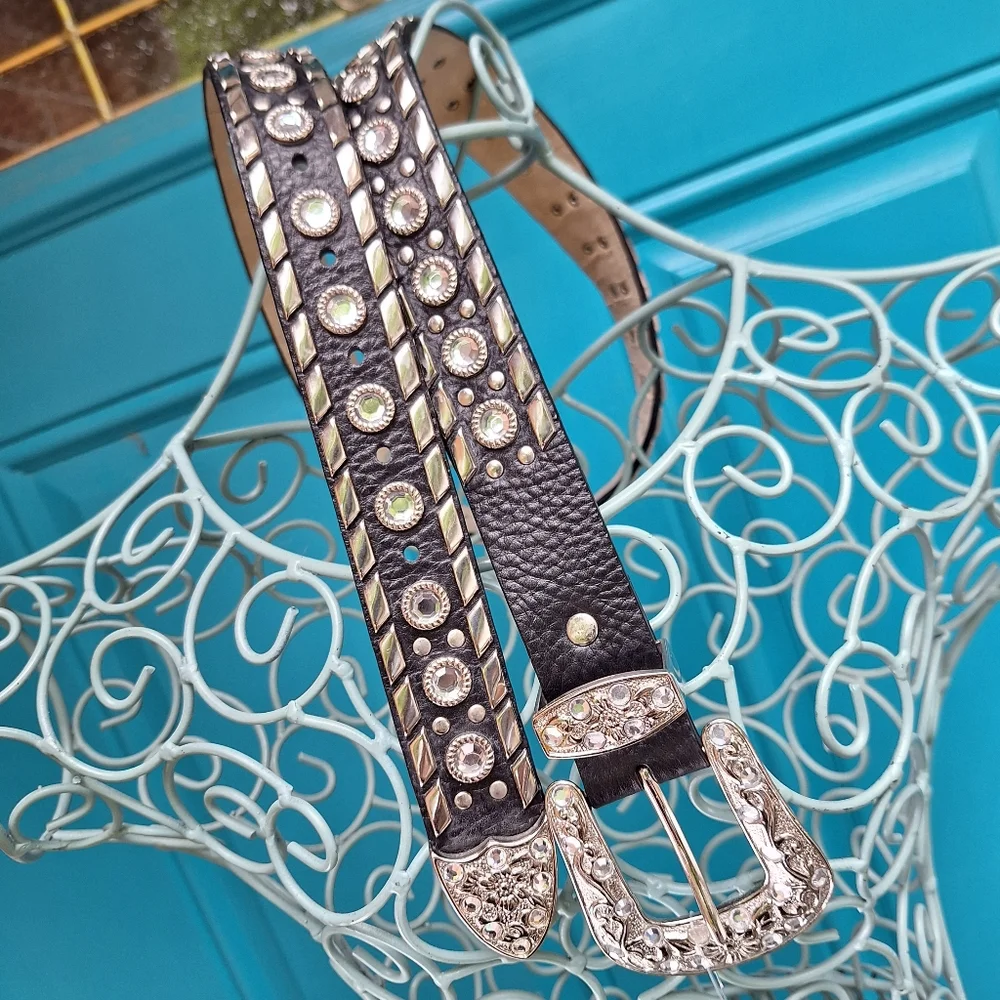 Studded Leather Belt Metal Rivets Silver Crystal Studs Womens italian Western - Picture 6 of 17